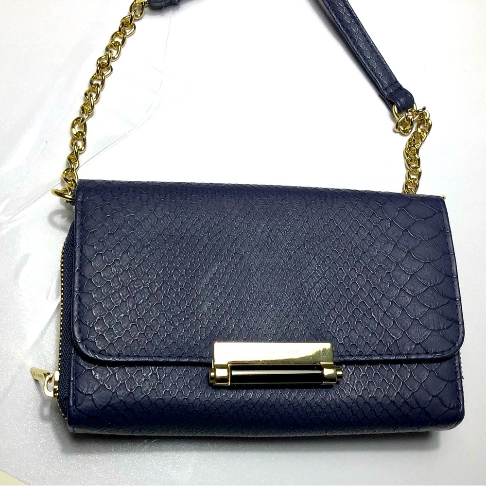 Olivia + Joy New York Navy Snakeskin Clutch/Wristlet with gold and leather strap